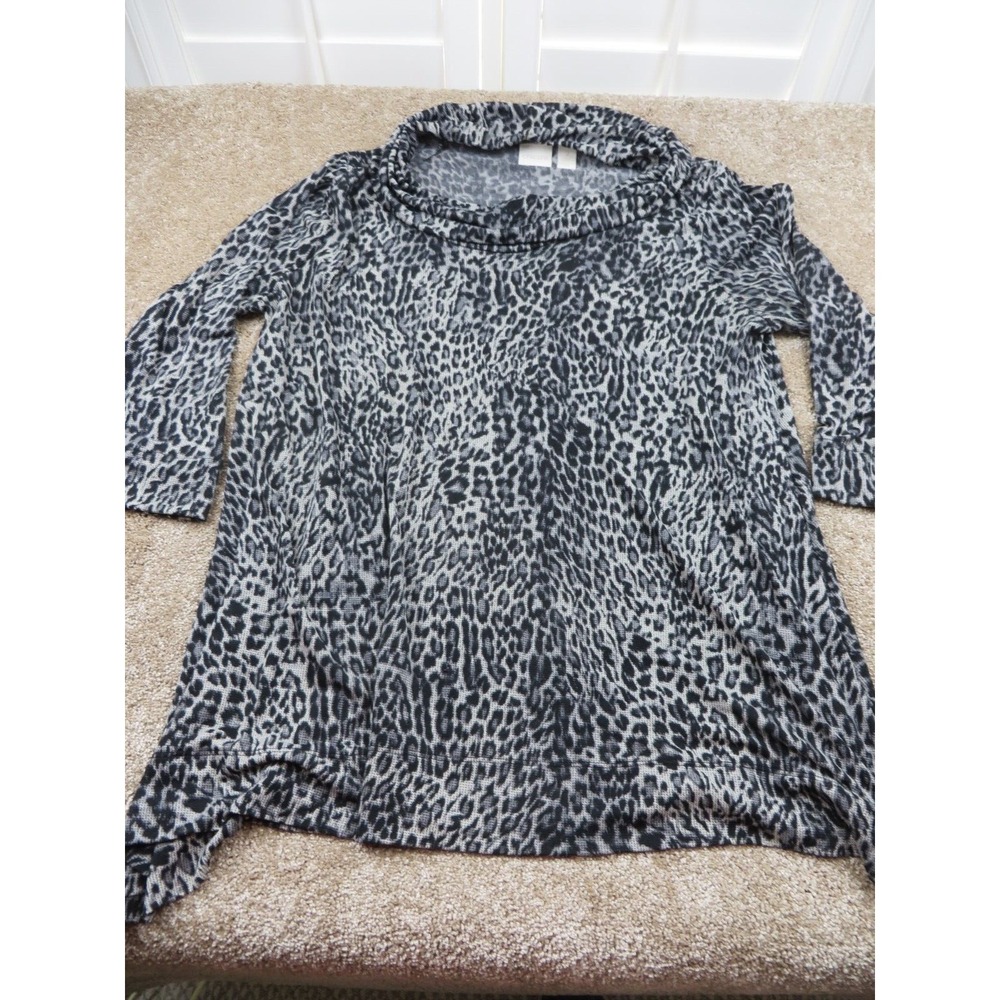 Chicos Womens Sexy  Black Leopard Pullover Sweater Flare Bottom Size 2 Long Slee